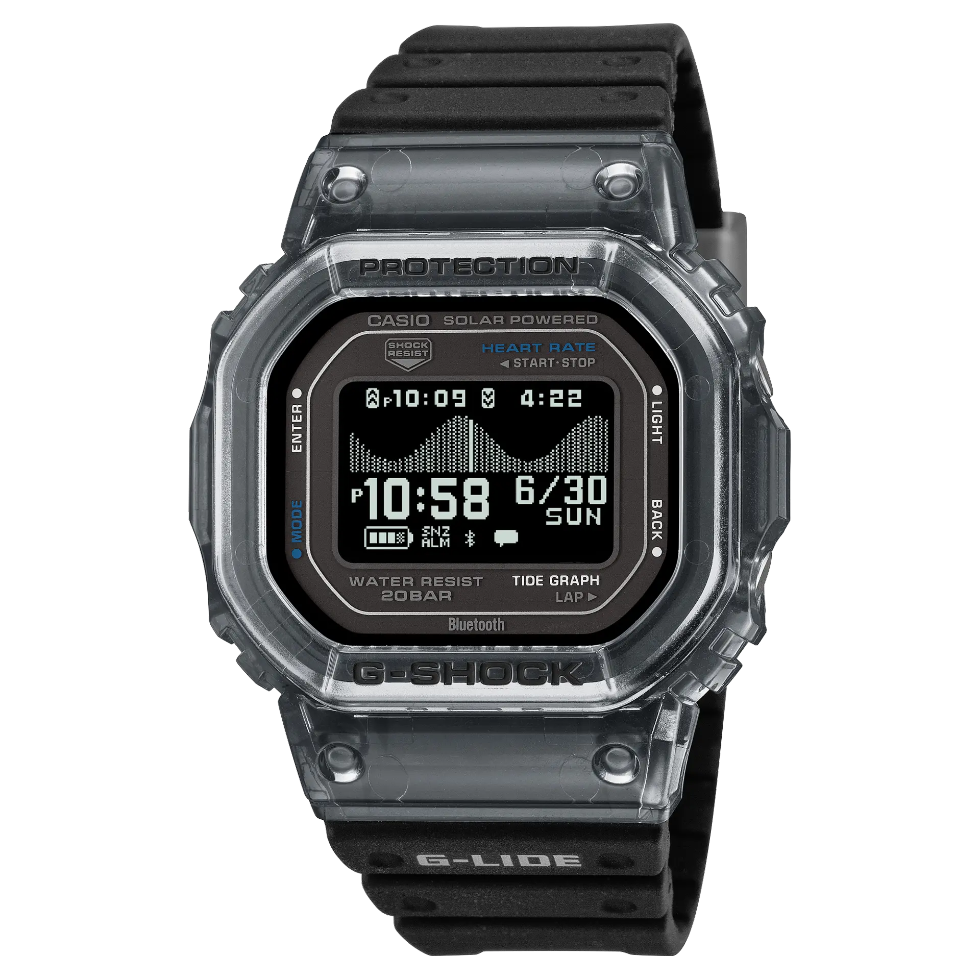 【CASIO 卡西歐】G-SHOCK G-LIDE 心率偵測從海浪到健身運動全方位太陽能電子錶 GBX-H5600-1