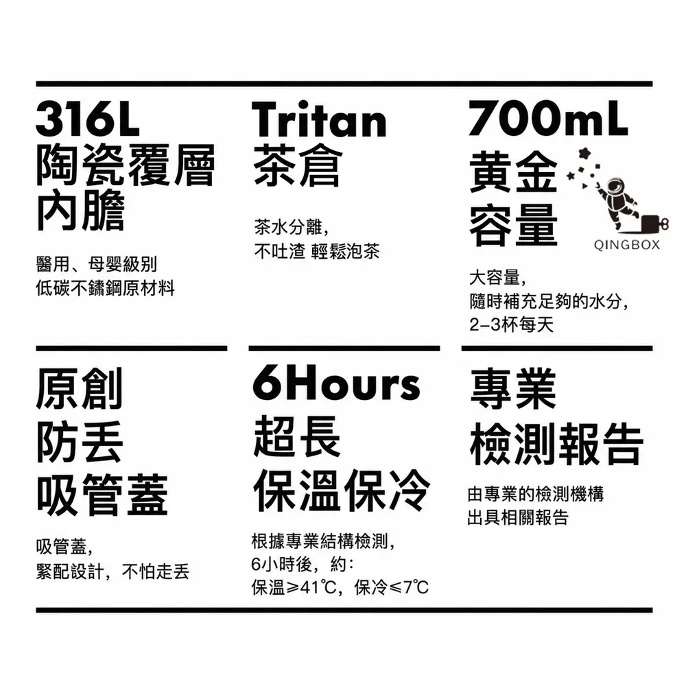 KEPO LQ 700mL KC016 316L不鏽鋼茶水分離保溫杯 陶瓷款