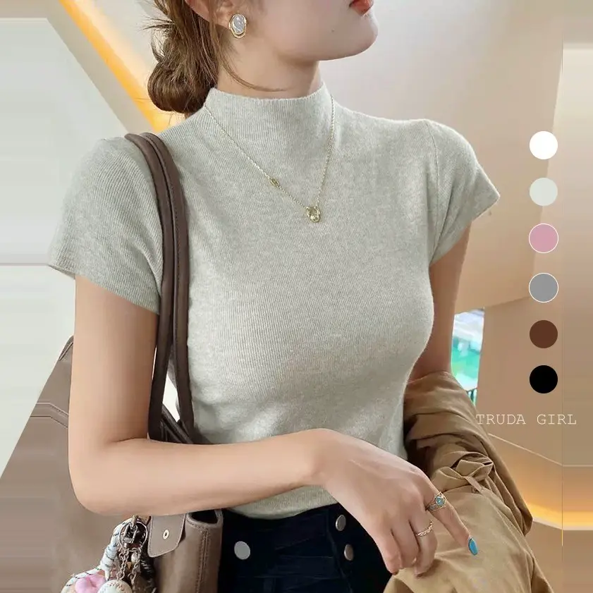 《杜達女孩》miu系千金灰 包心紗半高領短袖上衣 半袖上衣 針織上衣 針織短袖 包芯紗 女 半高領針織 氣質上衣 T恤