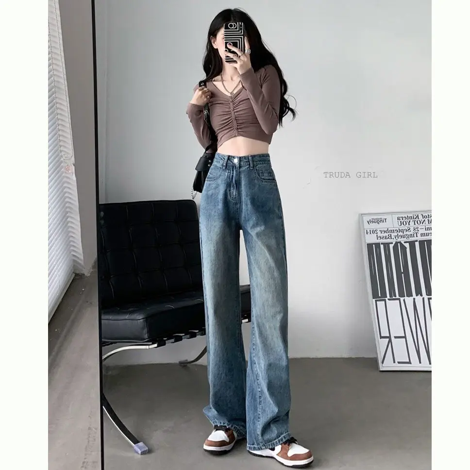 《杜達女孩》S-XXL店長自帶日常神褲 復古感刷白牛仔褲 闊腿褲 牛仔褲 長褲 落地褲 寬褲 女 牛仔長褲 大尺碼 長褲