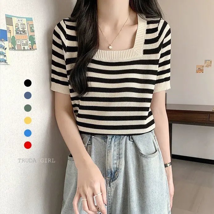 《杜達女孩》簡致條紋方領上衣 短袖針織上衣 方領短袖 冰絲針織上衣 女 上衣 短袖 夏季上衣 氣質上衣 t恤 條紋上衣