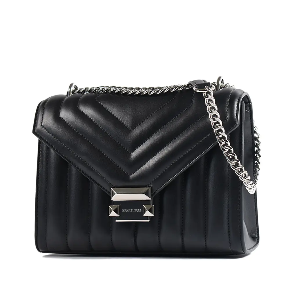 MICHAEL KORS WHITNEY 絎縫皮革翻蓋磁釦肩背/斜背二用包-銀釦黑/中