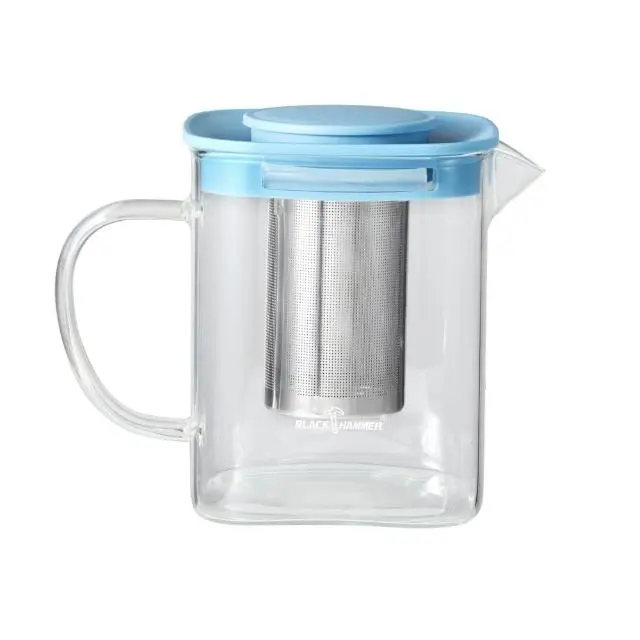 【BLACK HAMMER】冷熱兩用耐熱玻璃方形泡茶壺800ml(兩色任選)#藍-藍