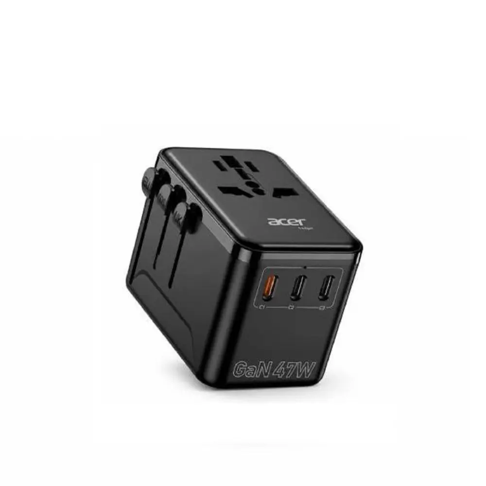 【Acer 宏碁】 47W GaN氮化鎵 萬國旅行轉接頭 PD快充萬用充(3C1A+1插座) -黑色