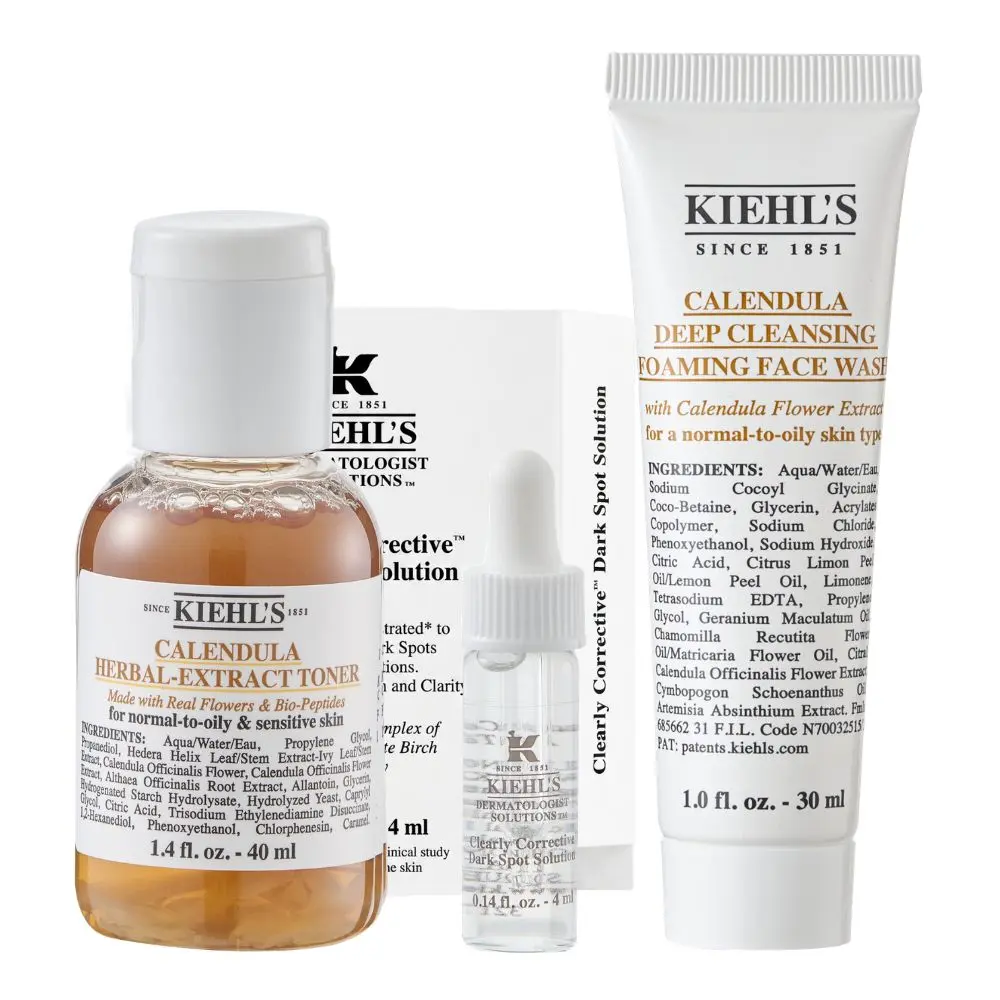 【Kiehl's 契爾氏】金盞花精華修護化妝水40ml+鐳射極淨白淡斑精華4ml+金盞花植物精華潔面泡泡凝露30ml 公司貨