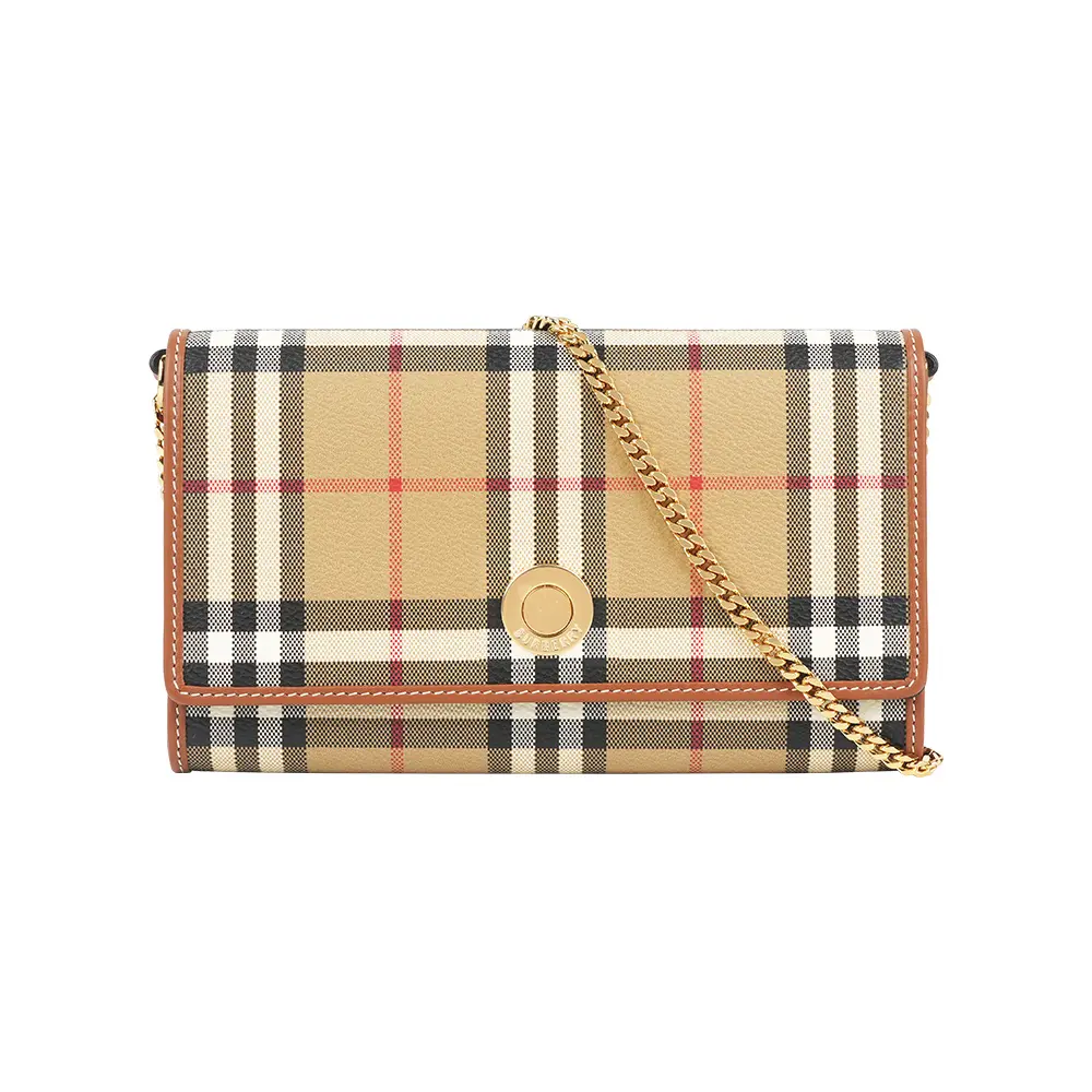 【BURBERRY】經典格紋皮夾式手拿包/鍊包WOC(米色/石楠木棕)