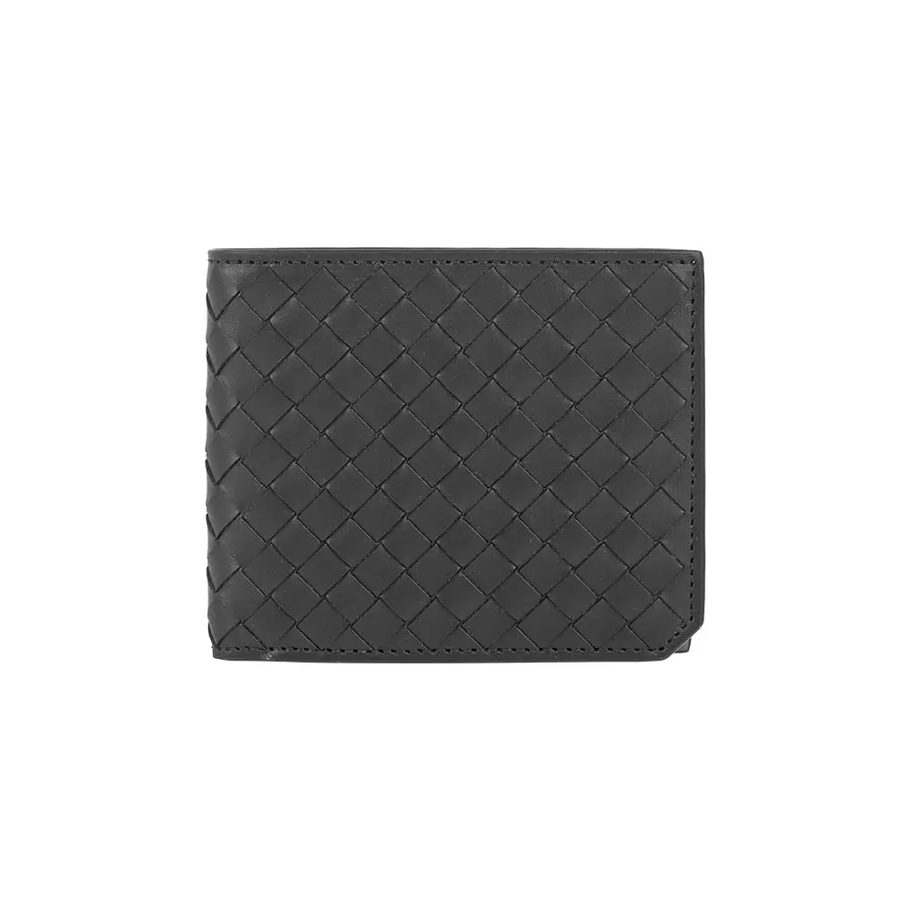 【BOTTEGA VENETA】小牛皮編織內拼色對開8卡短夾(黑色/閃電灰)