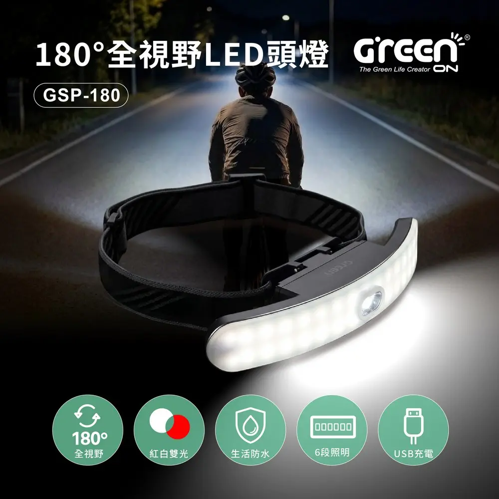【GREENON 】180°全視野LED頭燈 GSP-180｜Type-C充電・紅白雙光・6段照明模式・約121g輕量｜露營 登山 夜跑 修車 停電照明
