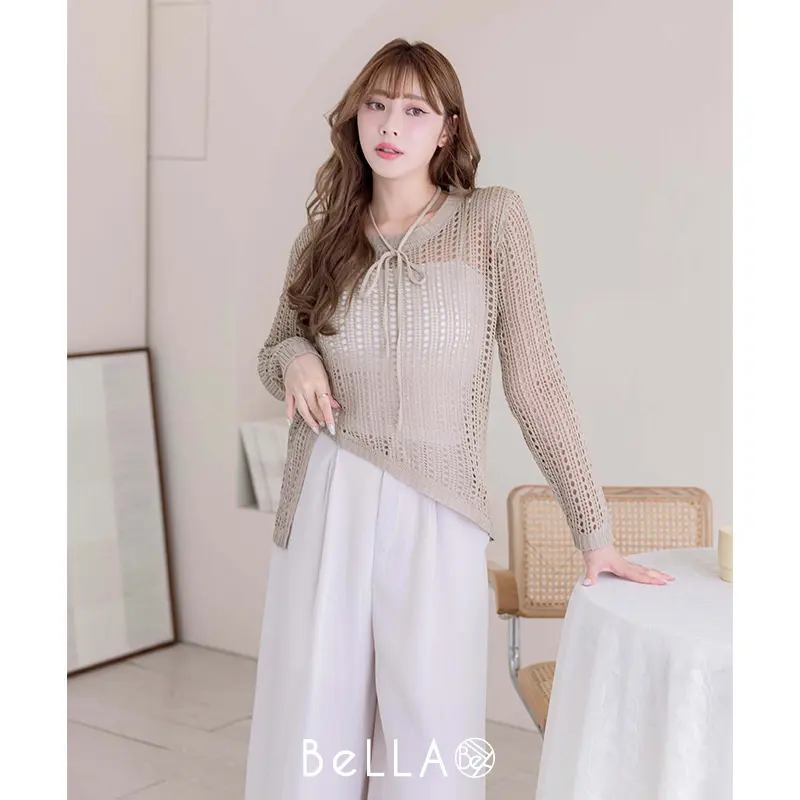 【HOME SHOP】BeLLA 兩件式鏤空綁帶上衣 卡其