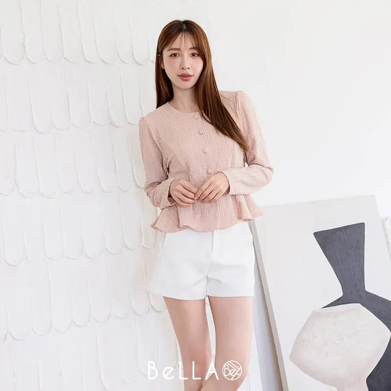 【HOME SHOP】BeLLA 泡泡紋理荷葉上衣 粉紅