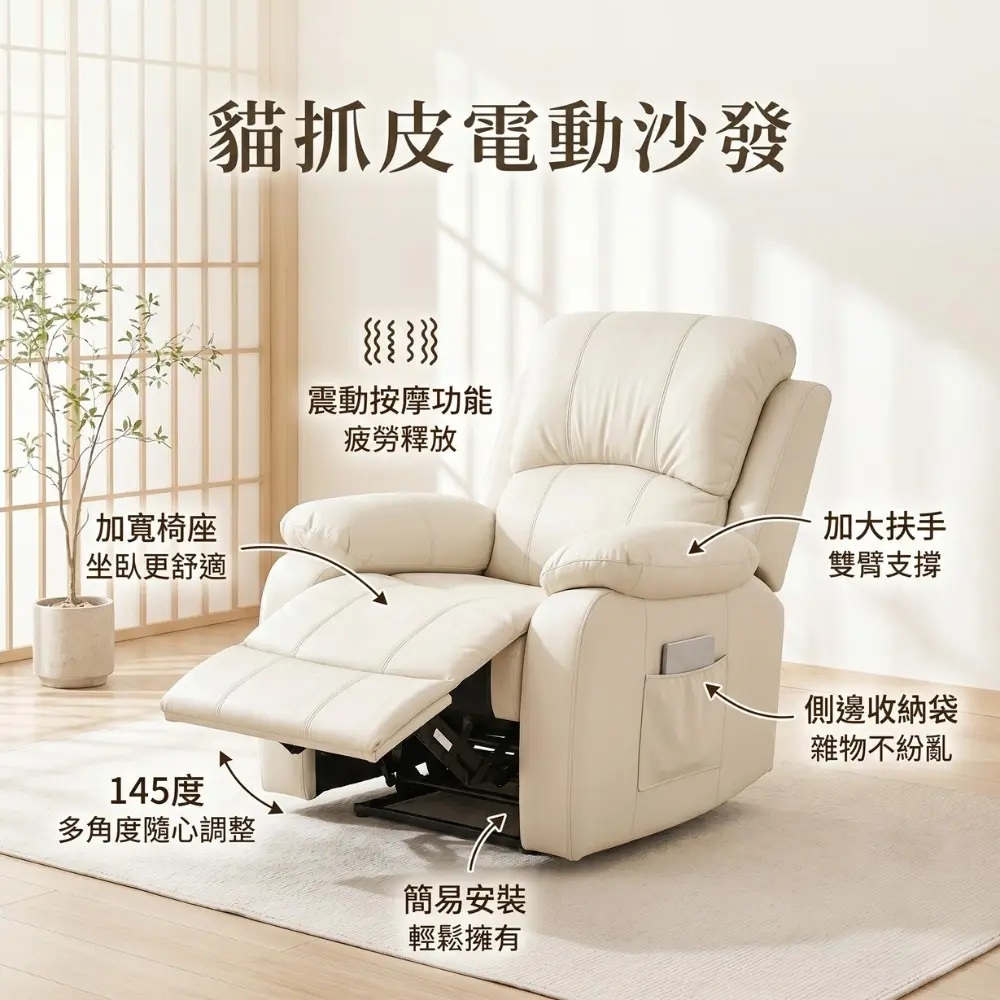 RICHOME全包覆舒壓電動沙發椅米白色貓抓皮 SF126W