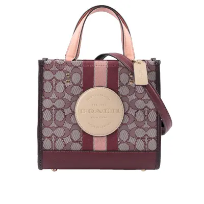 【COACH】Dempsey Tote 22 緹花拼皮革二用托特包(酒紅色/裸色)