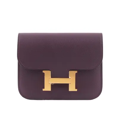 【HERMES】Constance Slim Evercolor 皮金釦短夾(黑醋栗/皇家藍)