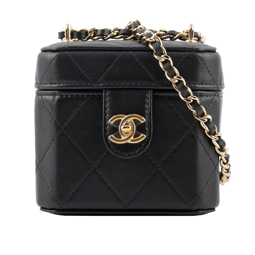 小物 CHANEL CHANEL】金色CC Logo 縫線小羊皮設計迷你鏈帶小方盒(黑色