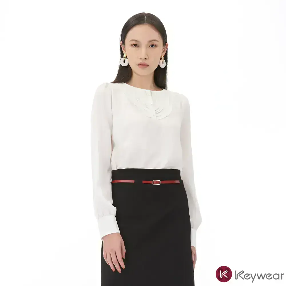 【KeyWear 奇威名品】圓領荷葉邊長袖襯衫 白色-M