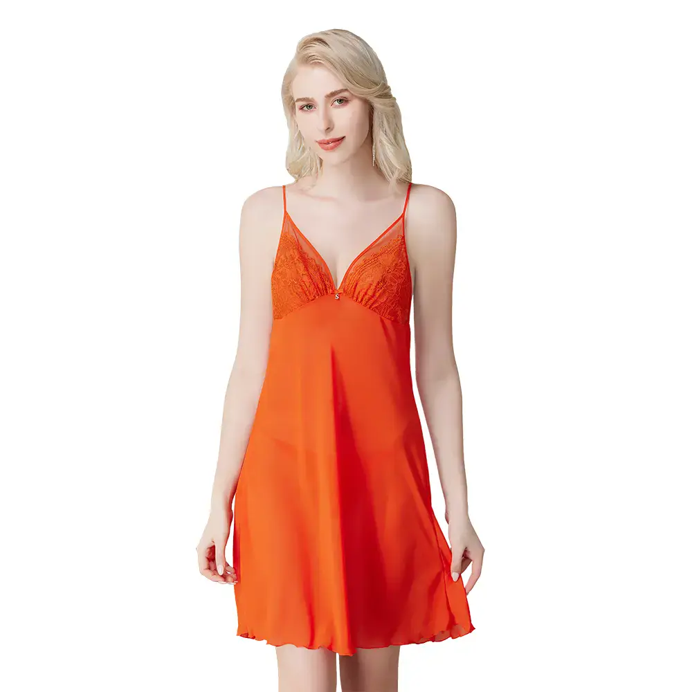 【思薇爾】撩波新花漾系列連身蕾絲性感睡衣(加州橘)-F