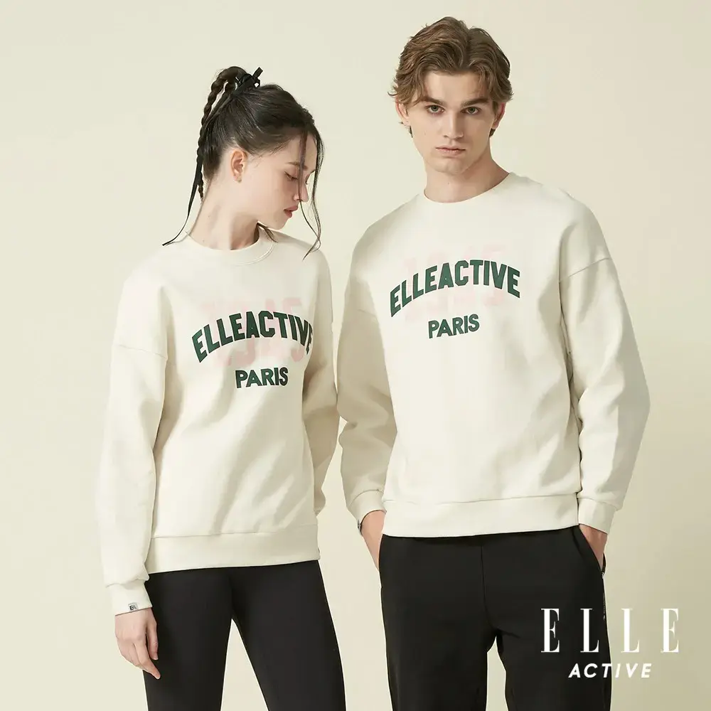 【ELLE ACTIVE】女款 保暖印花寬鬆版大學T-米白色(EA24A2F1405#91)-米白色 M