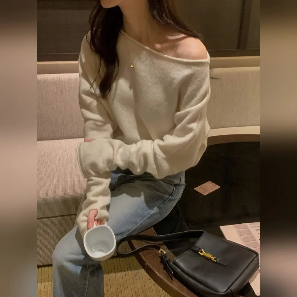 【HSTYLE】正韓女上衣 露肩長袖針織衫OSR1115-創翊韓都-均碼-深灰色